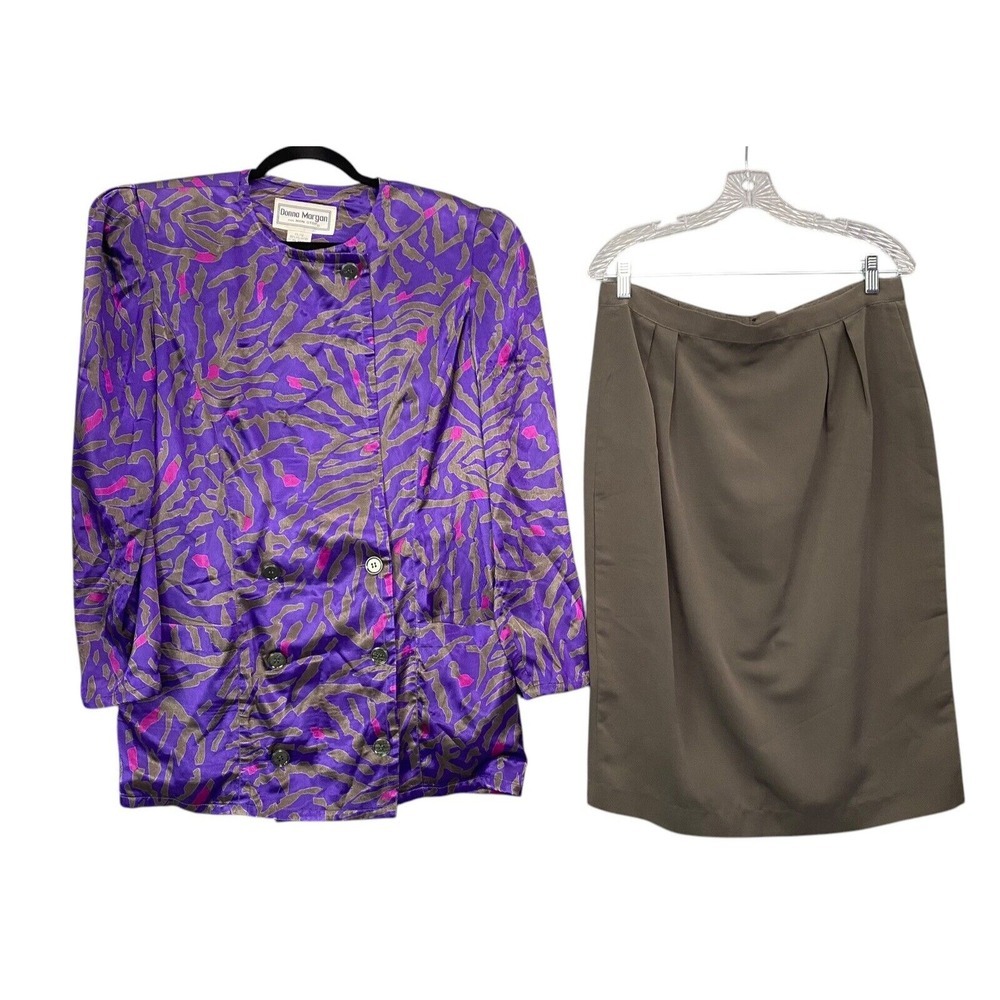 Vtg DONNA MORGAN Women Blazer Skirt Set Sz 11/12 Purple Green Event Party 72-6